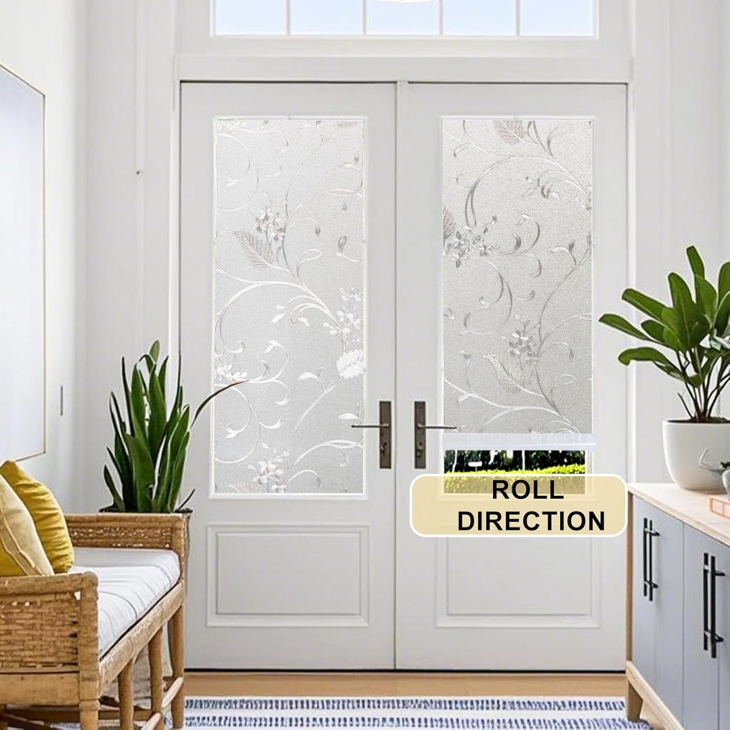 Window Privacy Film Decorative for Front Door, Bathroom Static Cling Stained Glass Sticker Opaque Heat Control UV Blocking Non-Adhesive for Home Windows,Horsetail