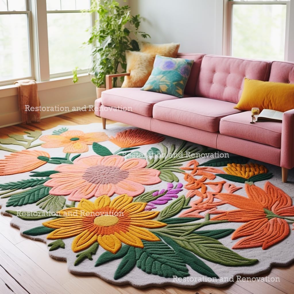 Handmade Wool Floral Area Rug for Living Room | Elegant Flower Garden Design, Soft, Thick and Durable | Bedroom, Dining Room & Home Decor Carpet (6' Round, Floral G)