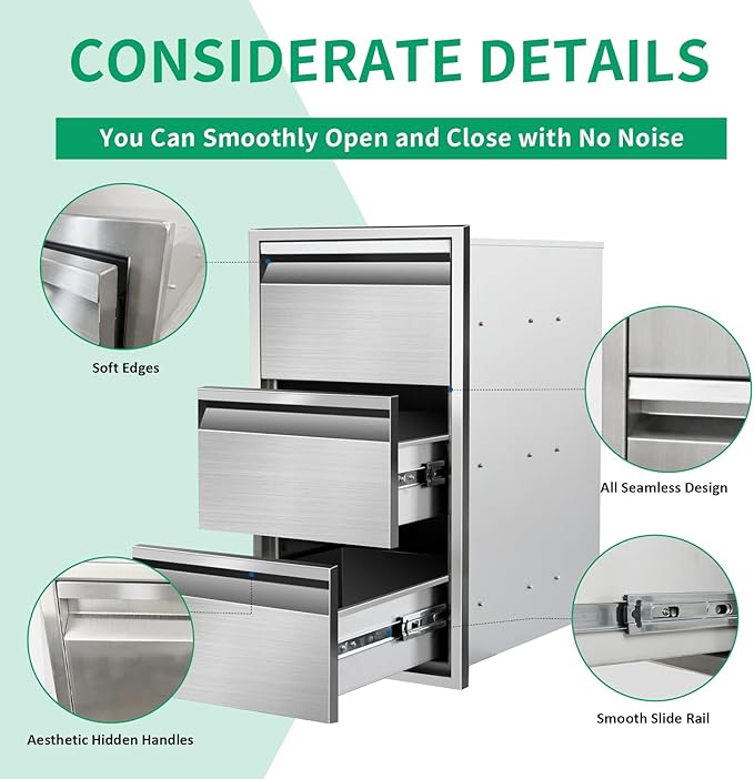 Outdoor Kitchen Drawers 14" W x 25.4" H x 21" D Stainless Steel Triple Drawers with Hidden Handle for BBQ Island, Patio Grill Station & Outdoor Kitchen Cabinets