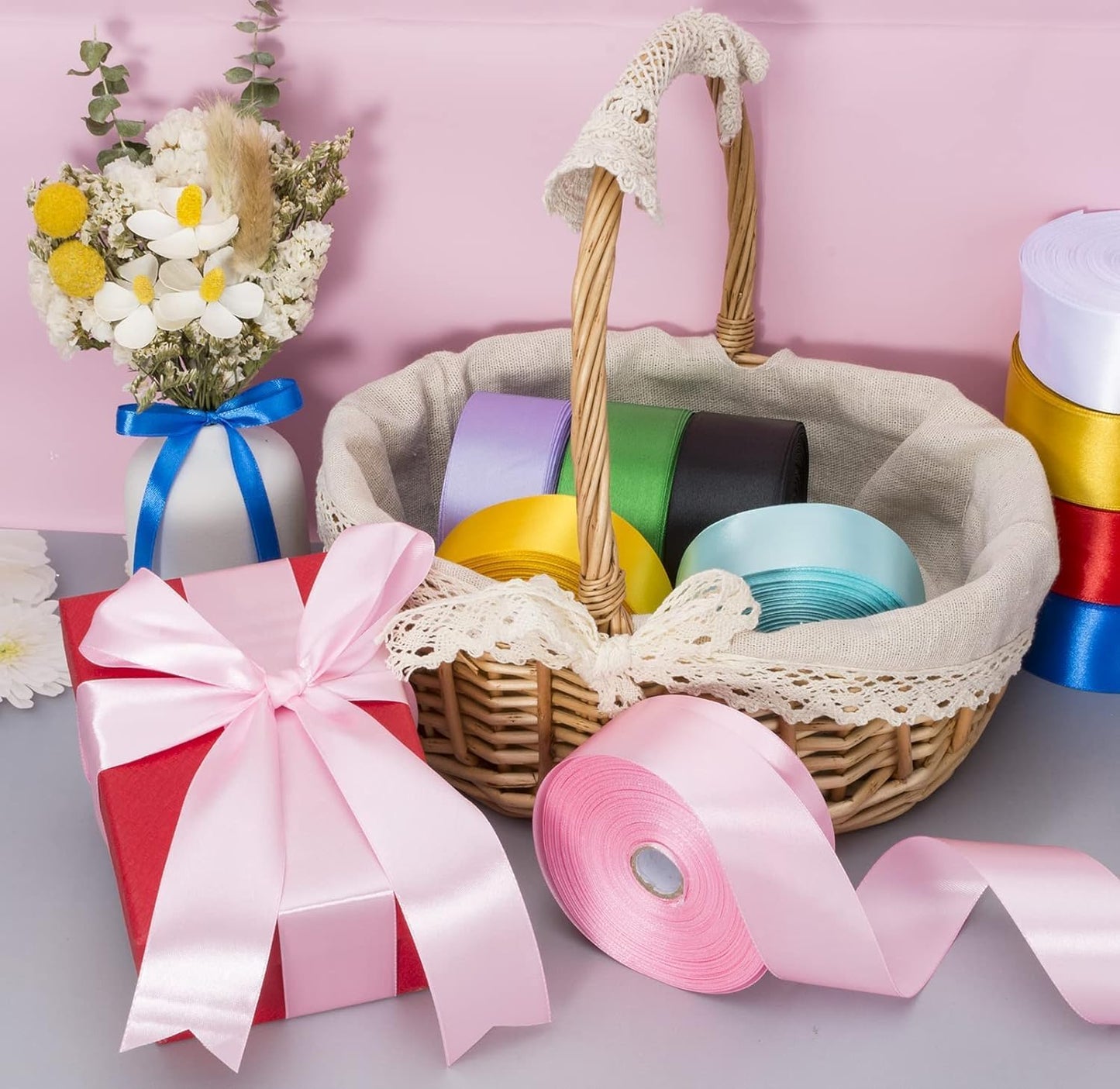 2 Inch Pink Solid Satin Ribbon, 50 Yards Craft Fabric Ribbon for Gift Wrapping Floral Bouquets Wedding Party Decoration