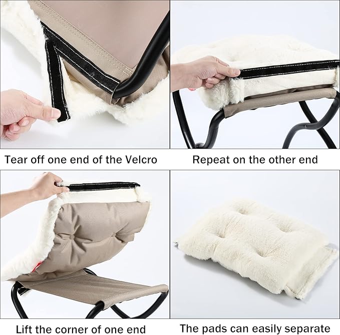 15" Foldable Foot Stool Ottoman with Metal Frame - Washable Faux Fur Beige Upholstered Indoor/Outdoor Footrest for Living Room, Bedroom, Patio - Space-Saving Compact Design