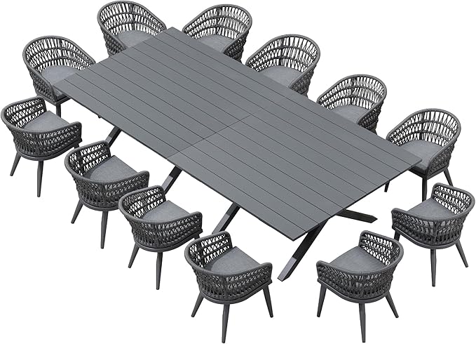 PURPLE LEAF 14 Pieces Outdoor Dining Set All-Weather PE Rattan Outdoor Patio Furniture Set with All Aluminum Frame Rectangular Table and Chairs Set for Lawn Garden Backyard Deck, Grey