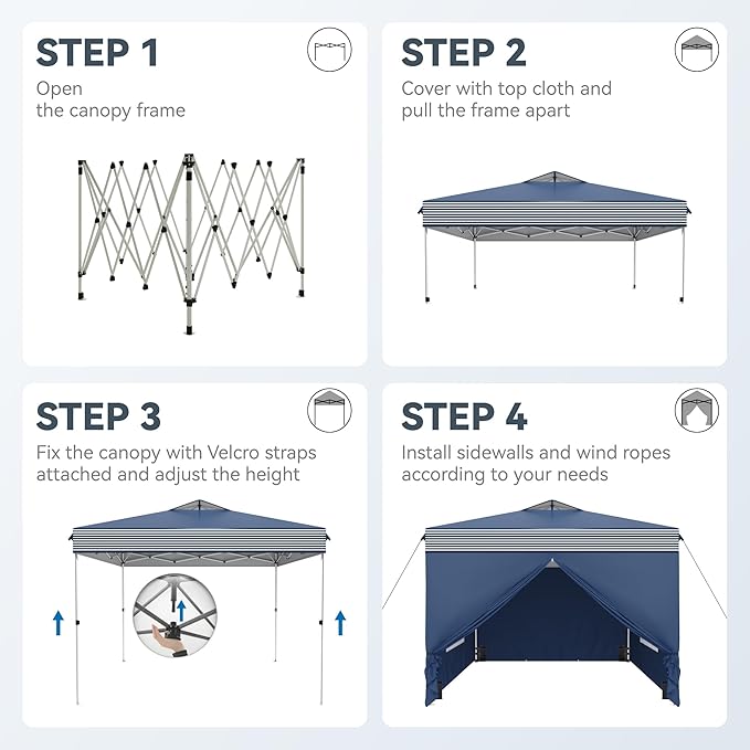 PHI VILLA 10x10 Pop Up Canopy Tent with Sidewalls - Easy Up Tent with Mesh Windows for Ventilation, Waterproof Design - Ideal for Parties, Beach, and Outdoor Events (Navy Stripe)