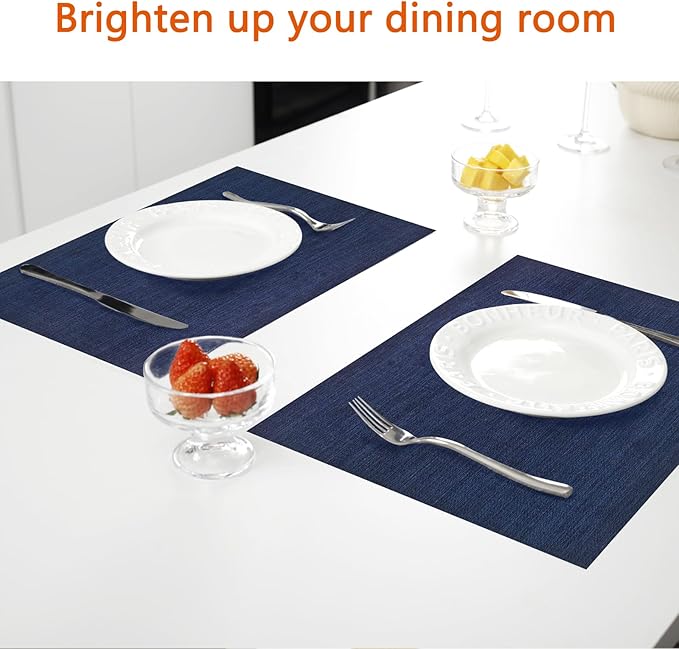 Placemats Set of 6 Washable&Wipeable Place mats for Dining Table Kitchen Indoor Outdoor Table Mats Heat Resistant Non Slip Woven Vinyl Table Placemats (Navy Blue,6PCS)