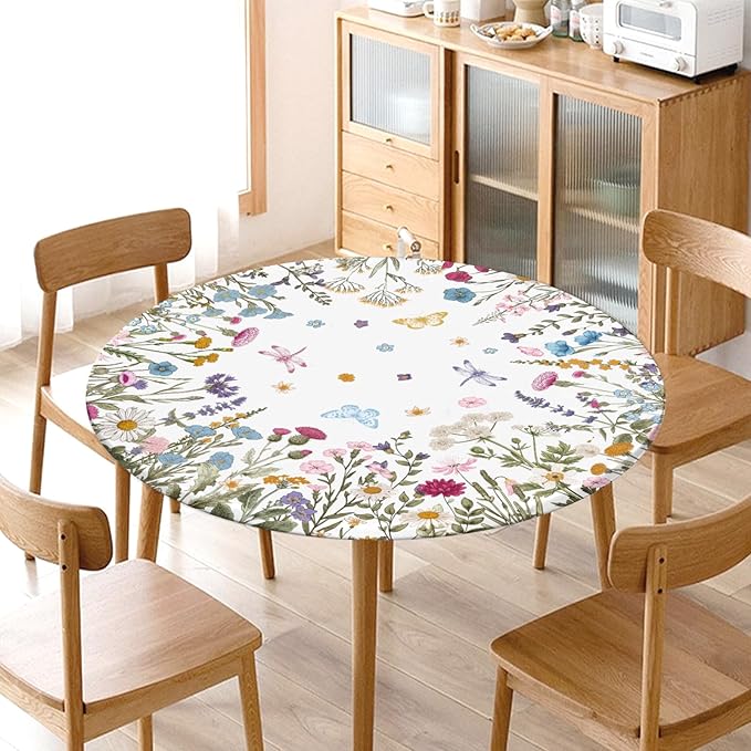 Spring Summer Floral Round Fitted Tablecloth with Elastic Wildflower Butterfly Circle Table Cloth for 36-40" Tables Wipeable Waterproof Farmhouse Easter Flowers Table Cover for Picnic Outdoor Dining