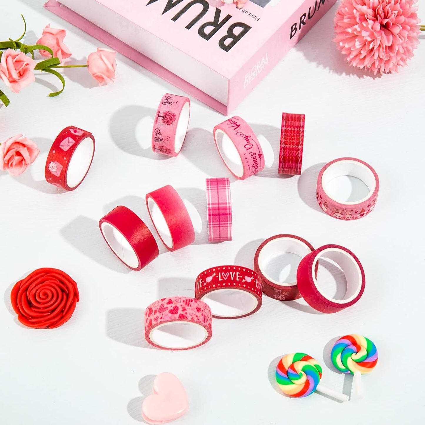 Whaline 12 Rolls Valentine Washi Tape Red Pink Heart Gnome Love Masking Tape for Wedding Scrapbook DIY Craft Gift Wrapping, 0.6" x 16.4ft