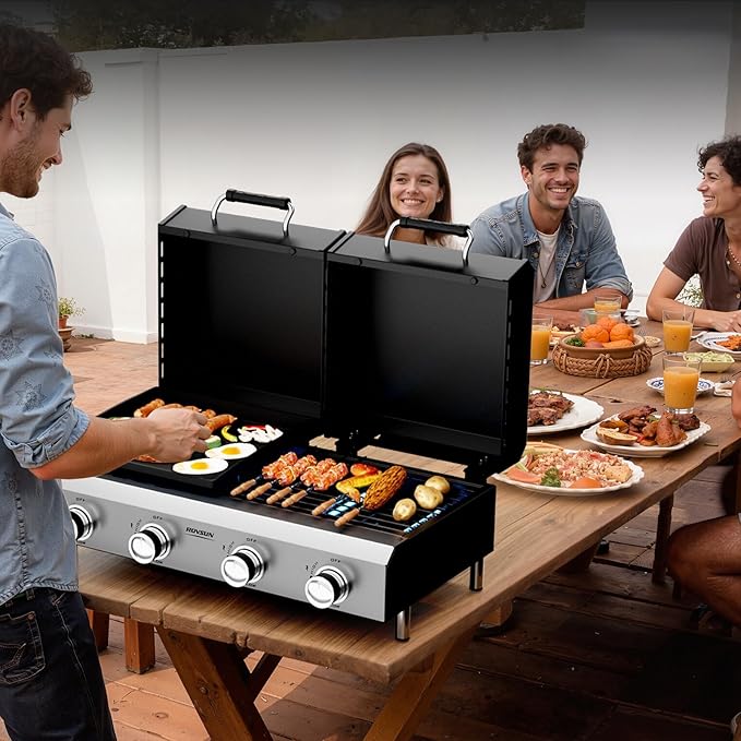 Bonnlo 4 Burners Gas Flat Top Grill and Griddle Combo with Lid, Powerful 40,000 BTU Grills with Integrated Ignition & Heat-resistant coating, Camping Grill with Simple Control Knob for Outdoor BBQ Use