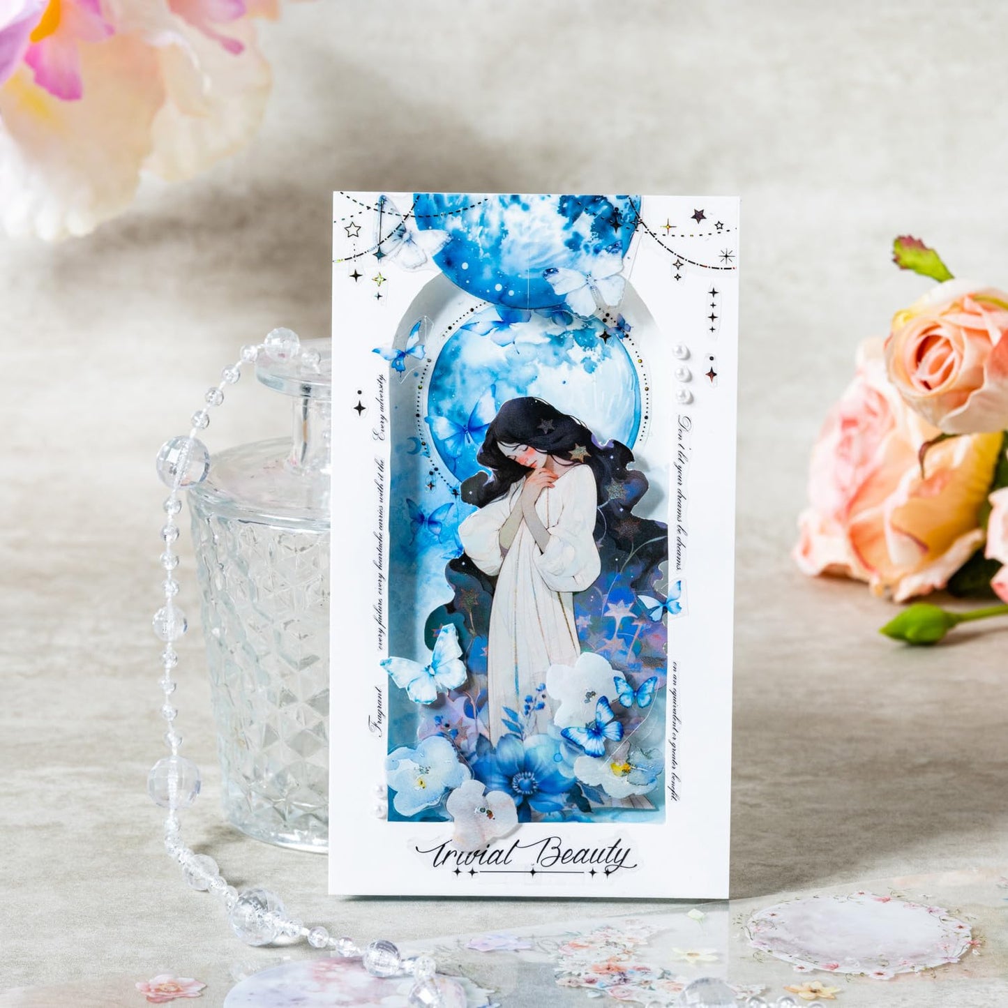 6 Rolls Moon Flower PET Tape Set, Pre-Cut Aesthetic Stickers for Journaling, Scrapbooking, and DIY Crafts, with Decorative Clip