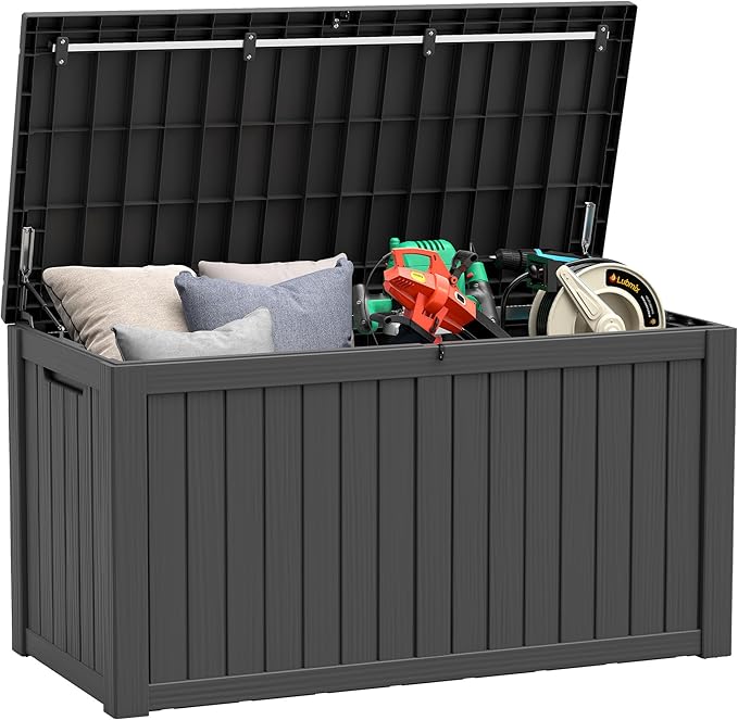 NUNU LAB 151 Gallon Outdoor Storage Box,Resin Large Sturdy Deck Box, Backyard Outside Storage Box Waterproof with Double Wall Panels,Package Delivery Garden Outdoor Hose Storage Bin,Black