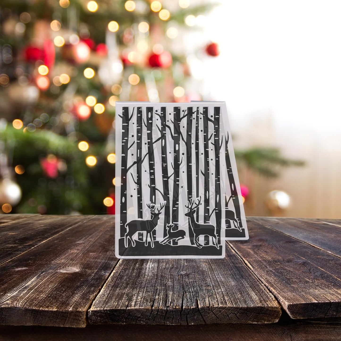 Threetols 3-D Textured Christmas Embossing Folder, Elk Background Embossing Folder for Card Making, Forest Frame DIY Plastic Scrapbooking Photo Album Card Paper DIY Craft Decor Template Mold