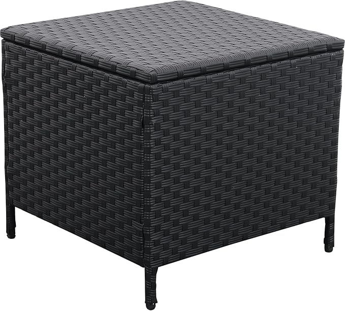 Outdoor Wicker Storage Side Table, Patio Black PE Rattan End Table with Storage, Square Container for Furniture Covers, Toys, and Gardening Tools