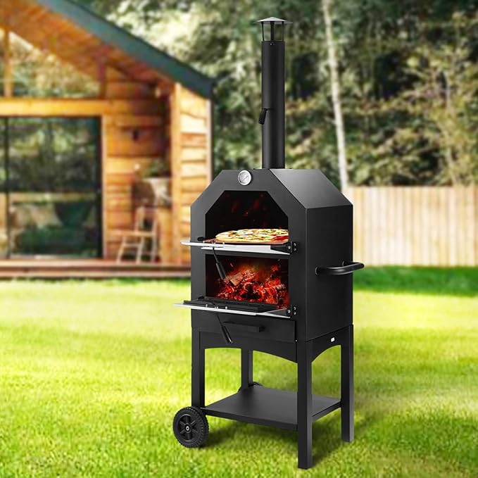 Outdoor Wood Fired Pizza Oven for Backyard and Camping - Portable Patio Pizza Maker with Baking Stone, Peel, Grill Rack and Waterproof Cover