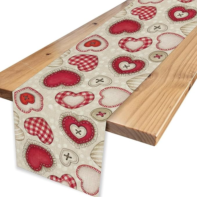 Red Heart Table Runner,Retro Rustic Beige Heart Buttons Polka Dot Valentines Decorations Decor for Family Kitchen and Living Room Outdoor Farmhouse Party Table Decorations, 13"x36"