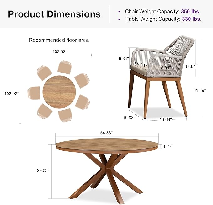 PURPLE LEAF 7 Pieces Patio Round Dining Set Aluminum Round Table and Rattan Arm Chairs with Cushions for Kitchen Porch Garden Modern Outdoor Furniture Sets