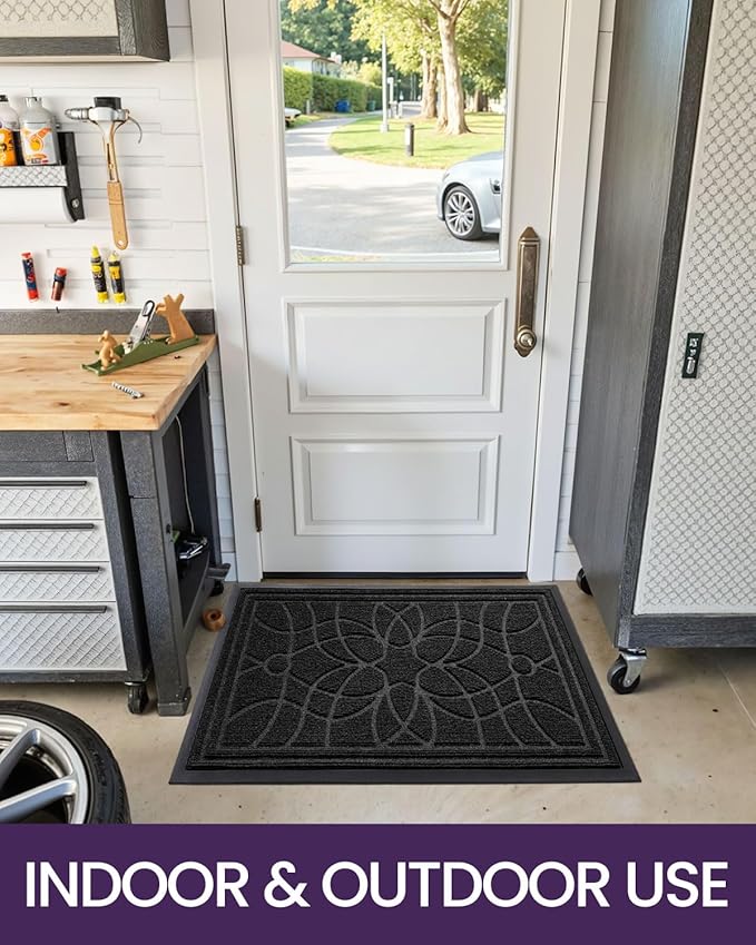 DEXI Front Door Mat Outside Entrance, Heavy Duty Non Slip Low Profile Doormat for Entryway, Trap Dirt and Moisture Welcome Mats, Easy Clean, Patio, Garage, 17x29, Black