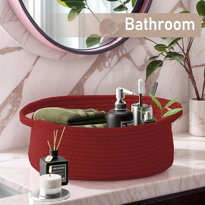 Woven Basket,Small Rope Storage Bin with Handles & Ribbon Bag, Organizer for Shelves Closets,Gift Basket Empty for Birthday,Books,Dog Toys, Red