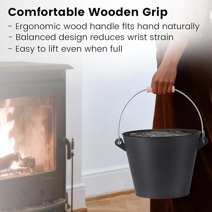 GameXcel Ash Bucket with Lid and Shovel Hand Broom - 1.5 Gallon Galvanized Iron Metal Fireplace Tools Ash Pail for Fire Places Fire Pits Wood Burning Stoves Hearth Accessories Indoor Outdoor, Black