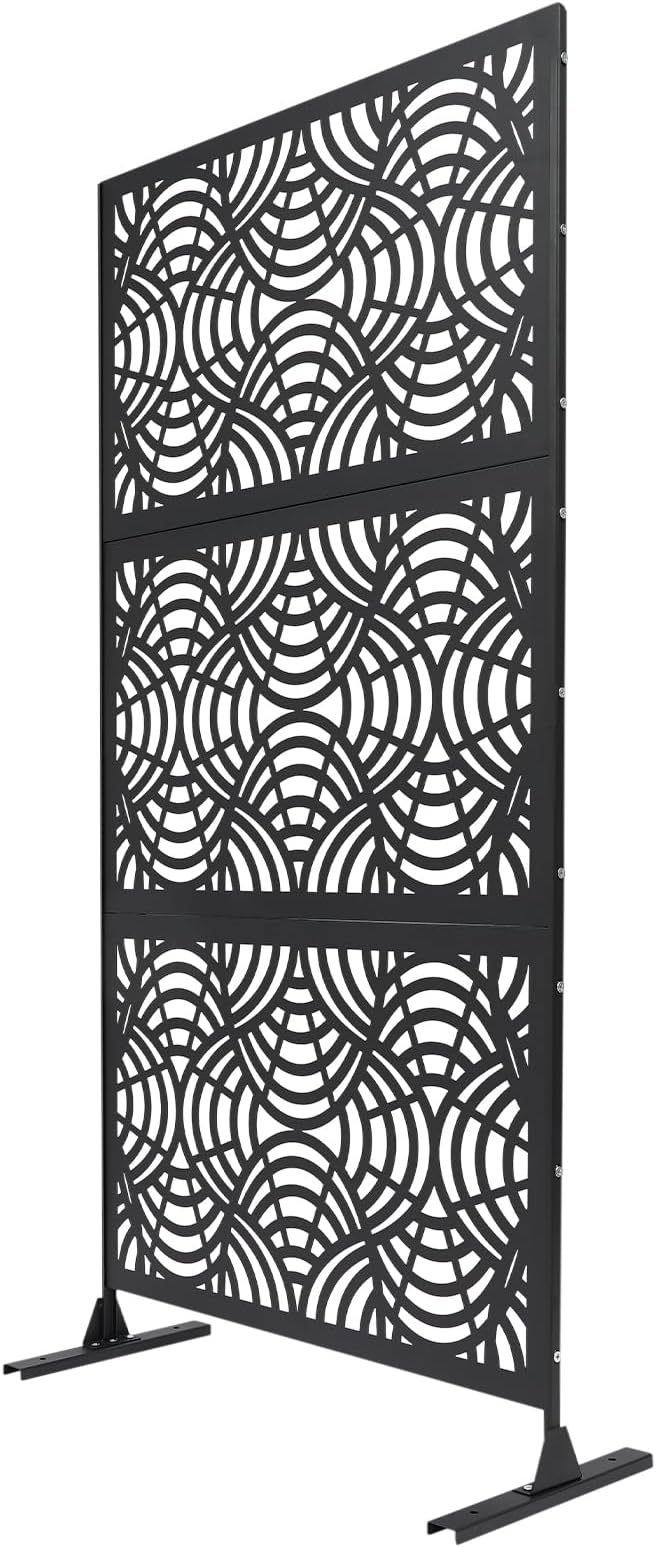 75" H×35" W Decorative Outdoor Privacy Screen with Stand, Outdoor Decor Privacy Fence Screen Metal Fence Panels, Free Standing Metal Divider for Patio Lawn Deck (Black -Curved Pattern)