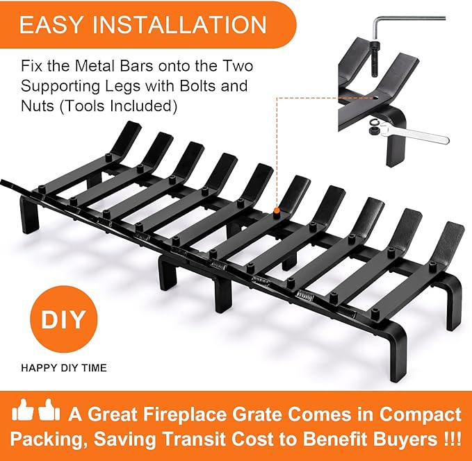 24" Fireplace Grate Wood Stove Grate Rack Fireplace Tools Rack Heavy Duty Solid Steel 10-Bars Log in Holder Easy Assembly Fire Grate for Indoor Hearth Outdoor Firepit Matt Black