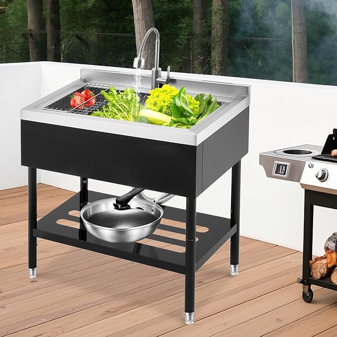 Stainless Steel Utility Sink, 36 x 20 x 35.5 Inch Freestanding Commercial Sink, Adjustable Leg with Hot and Cold Water Faucet, Hoses and Drain Kit, for Kitchen, Garage, Bathroom, Outdoor Use Black