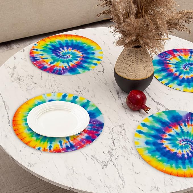 Faux Leather Placemats Set of 4,Colorful Spiral Tie-Dye Ding Table Round Placemat Soft and Easy Storage Heat-Resistant Waterproof Non-Slip Place Mats for Bedroom Decoration,13inch