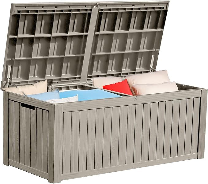 YITAHOME 150 Gallon Large Deck Box w/Divider, XL Waterproof Outdoor Storage for Patio Furniture,Outdoor Cushions, Garden Tools, Sports Equipment and Pool Supplies, Resin, Lockable, Taupe