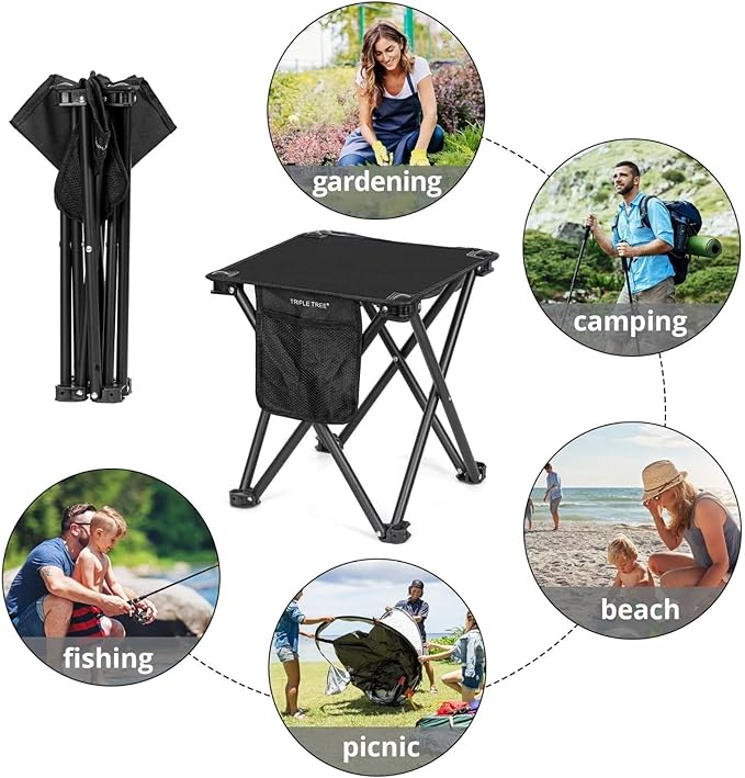Triple Tree 1 Pack Folding Camping Stool, 13.8 Inch Small Portable Lightweight Stool with Side Pocket, Foot Stool with Carry Bag for Hiking, Fishing and Beach, Hold up to 400lbs, Black