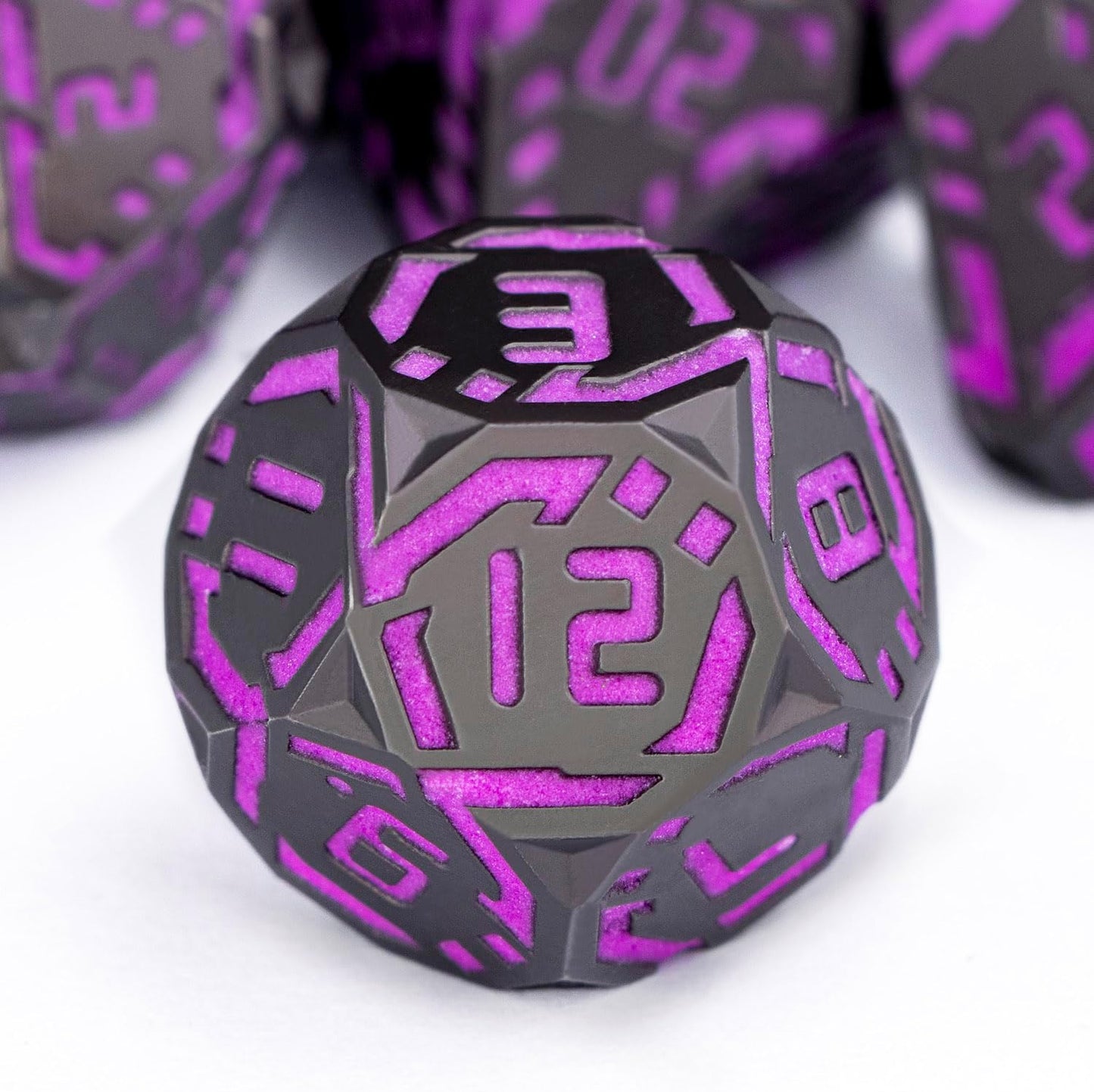 Metal DND Sci-fi Dice Set 7PCS Luminous Purple Stripe Polyhedral Dice for Dungeons Dragons RPG Role Playing Game, Glitter D and D Dice with Gift Box D6 D8 D10 D12 D20