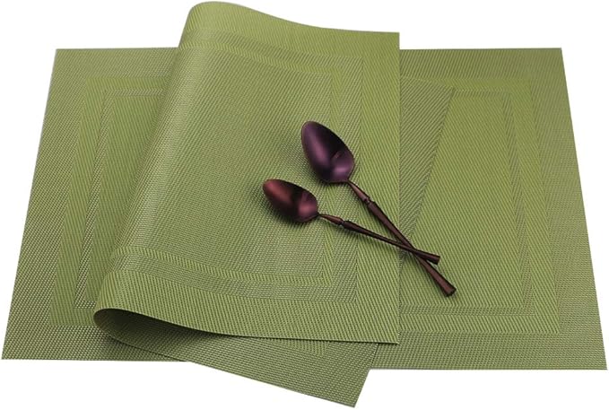Gugrida Placemats Set of 6 Plaid Checkered Green PVC Placemat for Dining Table Durable Woven Vinyl Stain tablemats 18"X12"
