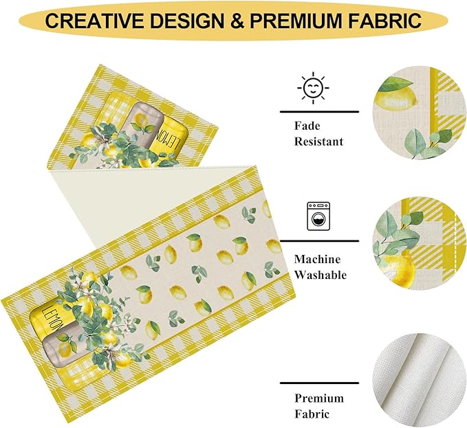 Lemon Table Runner, Farmhouse Yellow Buffalo Plaid Seasonal Summer Spring Fruits Lemon Coffee Table Center Decor for Home Kitchen Dining Party Patio Indoor Outdoor Table Decorations, 13"x72" Inch