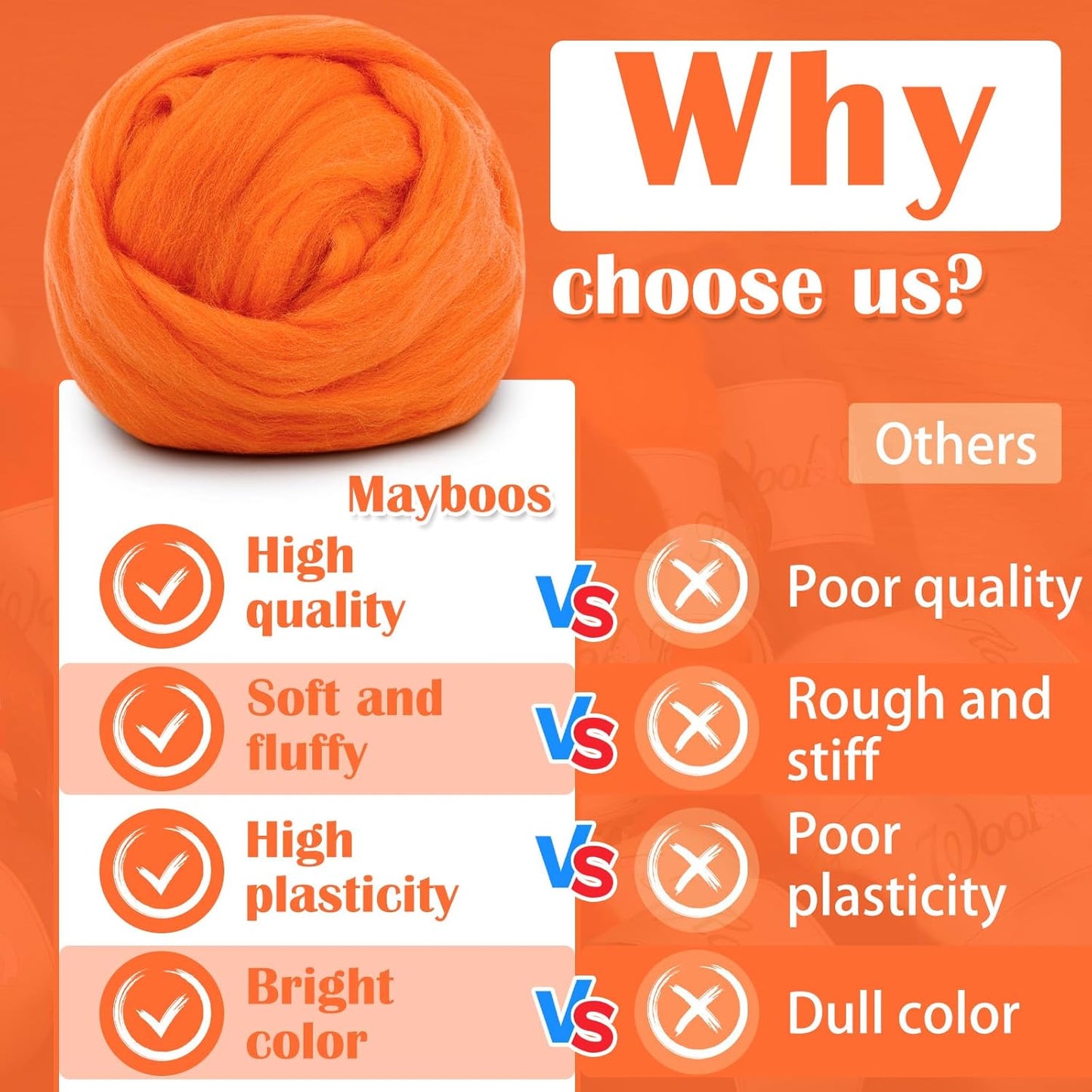 Mayboos Wool Roving Yarn, 1.76oz Colored Natural Wool Roving,Wool Felting Supplies Pure Wool Chunky Yarn for Wet Felting handcrafts and Spinning (Orange)