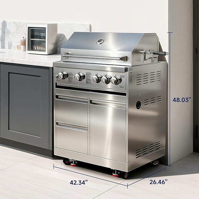 BODEGA Stainless Steel Outdoor Kitchen Propane Gas Grill and Outdoor Kitchen Cabinets for BBQ with 2 Drawers and Propane Tank Storage,Thermometer & Rotisserie Chicken Fork Kit, Seaside BBQ, Camping.