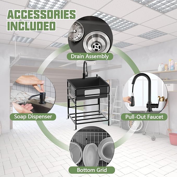 Black 25x22 Inch Freestanding Utility Sink-Stainless Steel Laundry Sink Practicality With Accessories Black Stainless Faucet,Soap Dispenser, SS Sink Grid For Laundry,Garage,Outdoor Kitchen,Garden...
