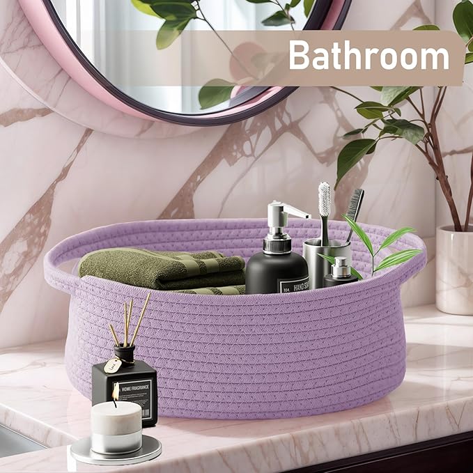 Woven Basket,Small Rope Storage Bin with Handles & Ribbon Bag, Organizer for Shelves Closets,Gift Basket Empty for Birthday,Books,Dog Toys, Purple/3 Pack