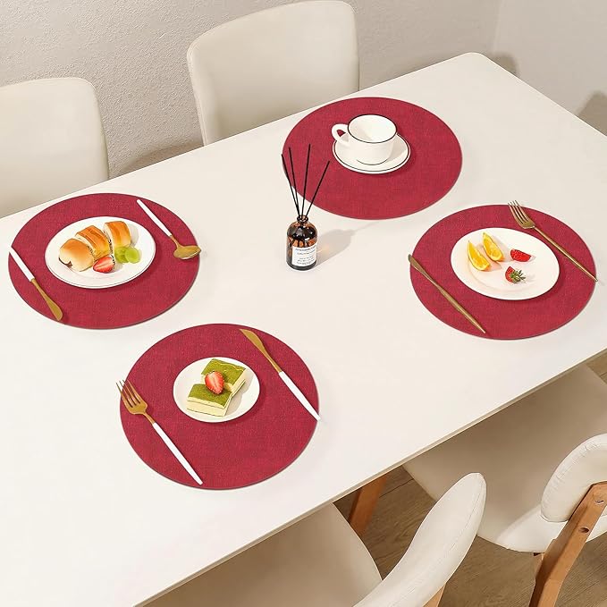 Homaxy Round Faux Leather Placemats and Coasters, Washable Dual-Side Table Mats, Wipeable Heat-Resistant Dining Place Mats for Outdoor and Indoor, Set of 8, Diameter 13 and 3.93 inch, Red