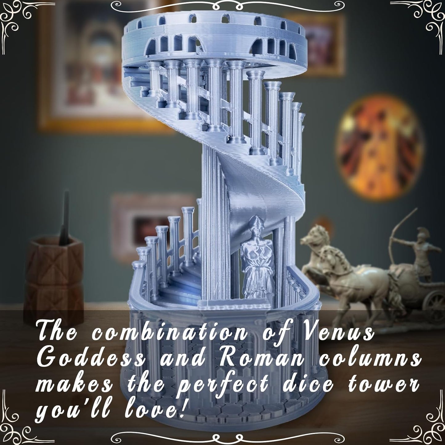 DND Dice Tower with Tray for Role Playing Game,Dungeons and Dragons,D&D,TRPG,7PCS Dice Included,Perfect Ancient Roman Castle Theme Dice Rolling Tower (Classic Grey Color)