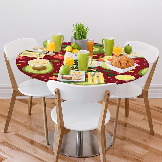 Christmas Tree Avocado Green Round Table Cloth Cover, Elastic Edge Waterproof Wipeable Tablecloths 36"-42" Polyester Tablecloth for Party Restaurant Banquet Holiday Camping Outdoor Picnic