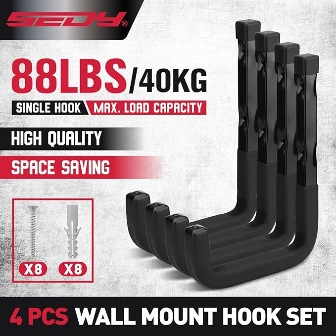 SEDY Heavy Duty Garage Storage Hook: 4-Piece 6" Wall Mount J Utility Hooks Holds 88 LB, Large Metal Garage Storage Ladders Hook, Utility Hooks for Bikes, Garden Tools