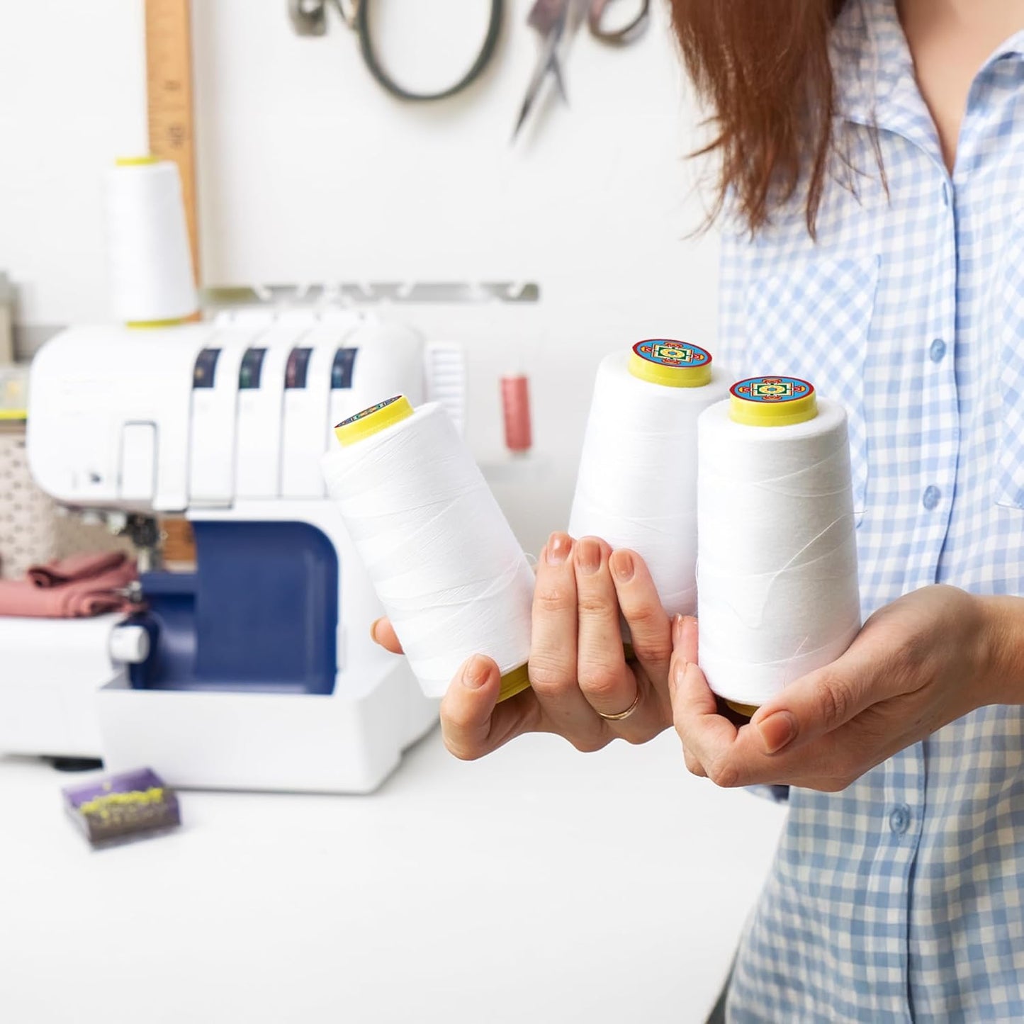 Mandala Crafts 4 Pack of Serger Threads Cones Spools - 40S/2 24000 Yards Polyester Magenta Threads for Sergers Machine and Overlock Quilting Sewing Machine