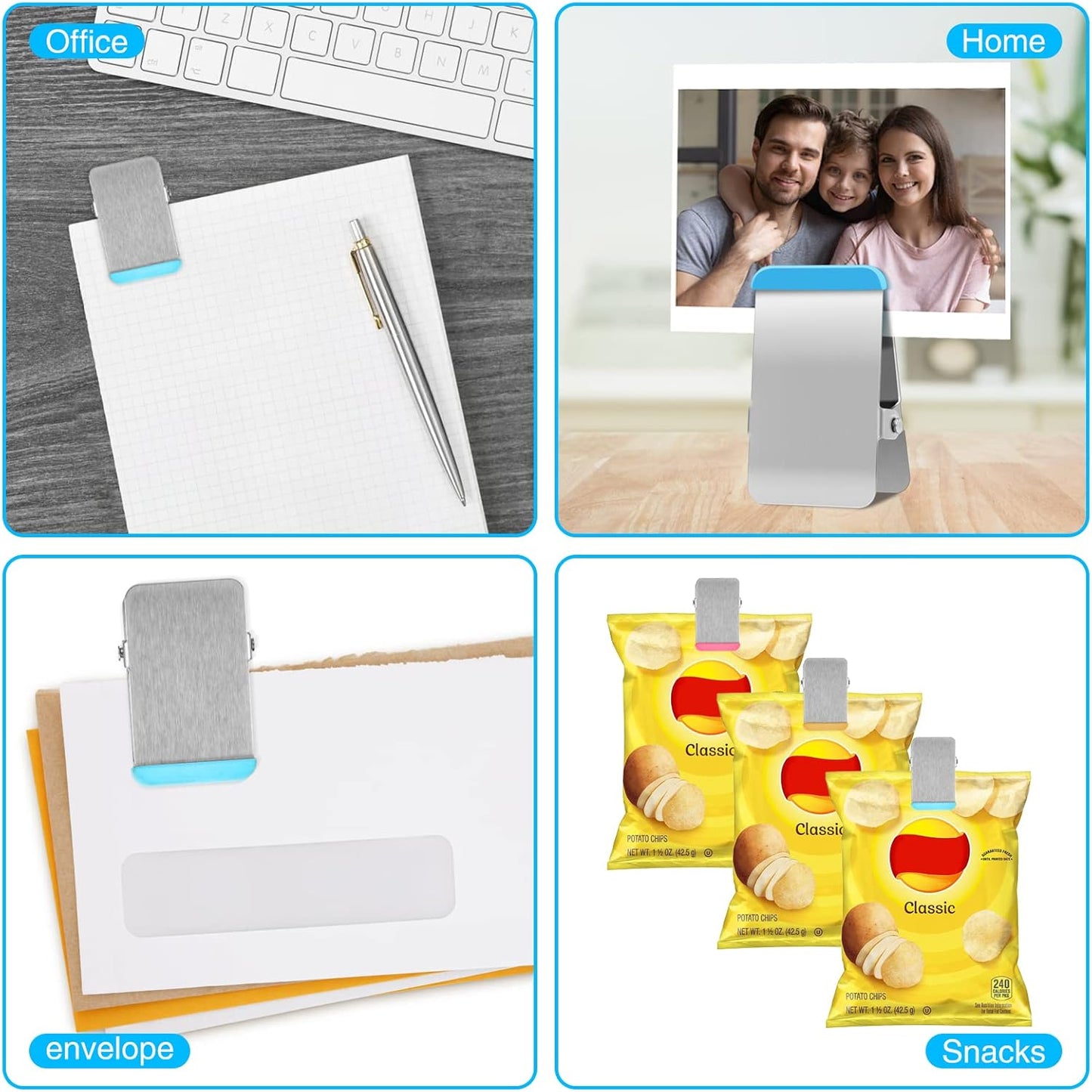 Bag Clips for Food, 6 Pack Metal Chip Clips with Colored Silicone, Heavy Duty Chip Clip with Air Tight Seal, Stainless Steel Clamp for Kitchen, Office, Tool Room