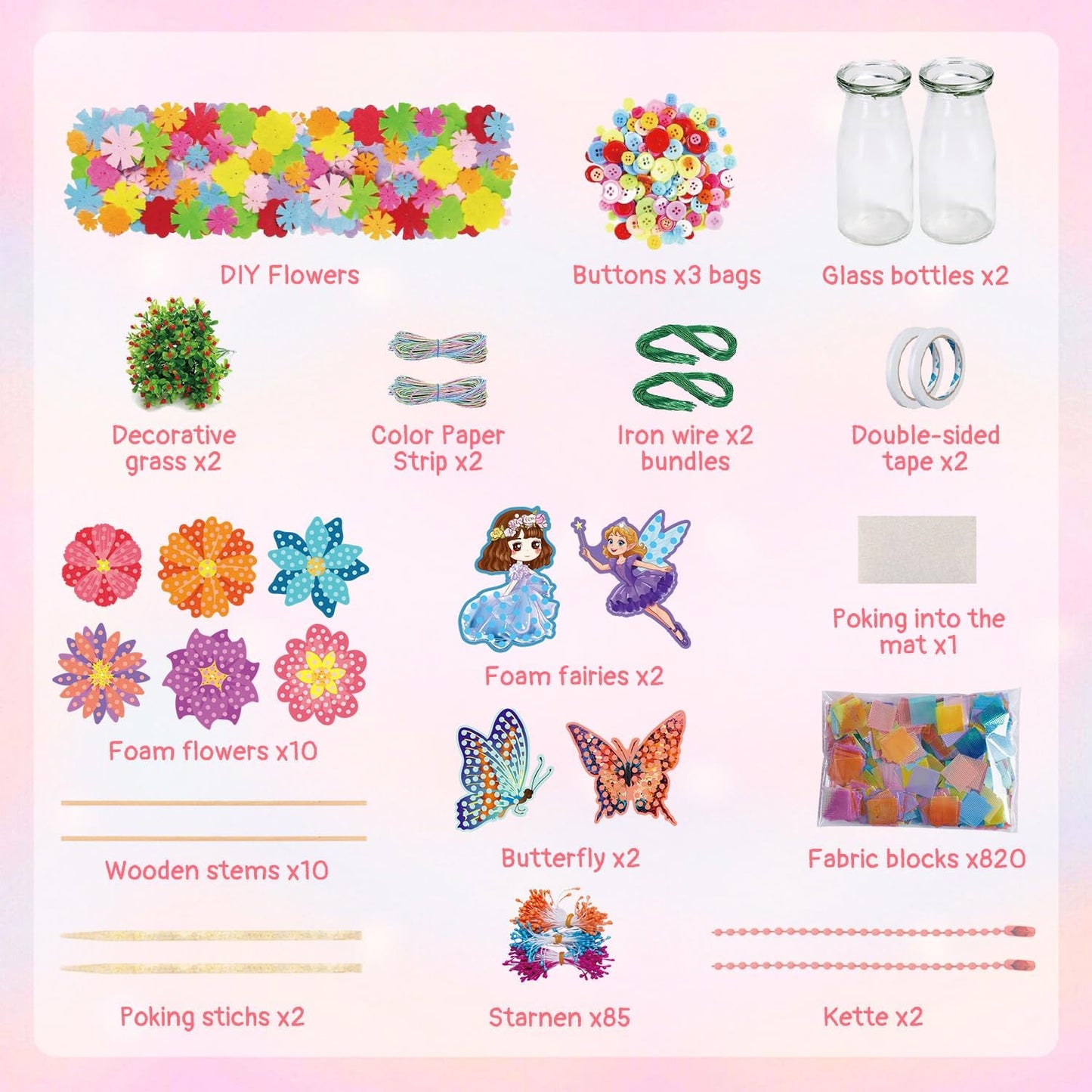 Mostop Crafts for Kids Ages 6-10, DIY Flower Bouquet Craft Kit with Buttons,Felt Flowers and 2 Vase, Poke in Arts and Crafts Birthday Gift Present for 6 7 8 9 10 Year Old Girls Flower Making Kit