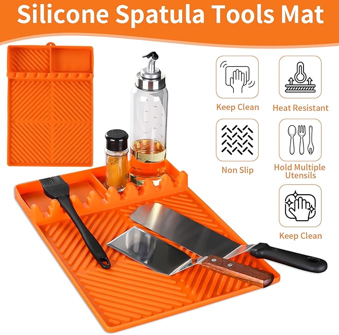 Silicone Griddle Tools Mat for Blackstone Weber Traeger Pit Boss - Side Shelf Spatula Mat with Drip Pad - Flat Top Grill Smoker Accessories for BBQ, Kitchen, Cooking, Countertop(Orange)