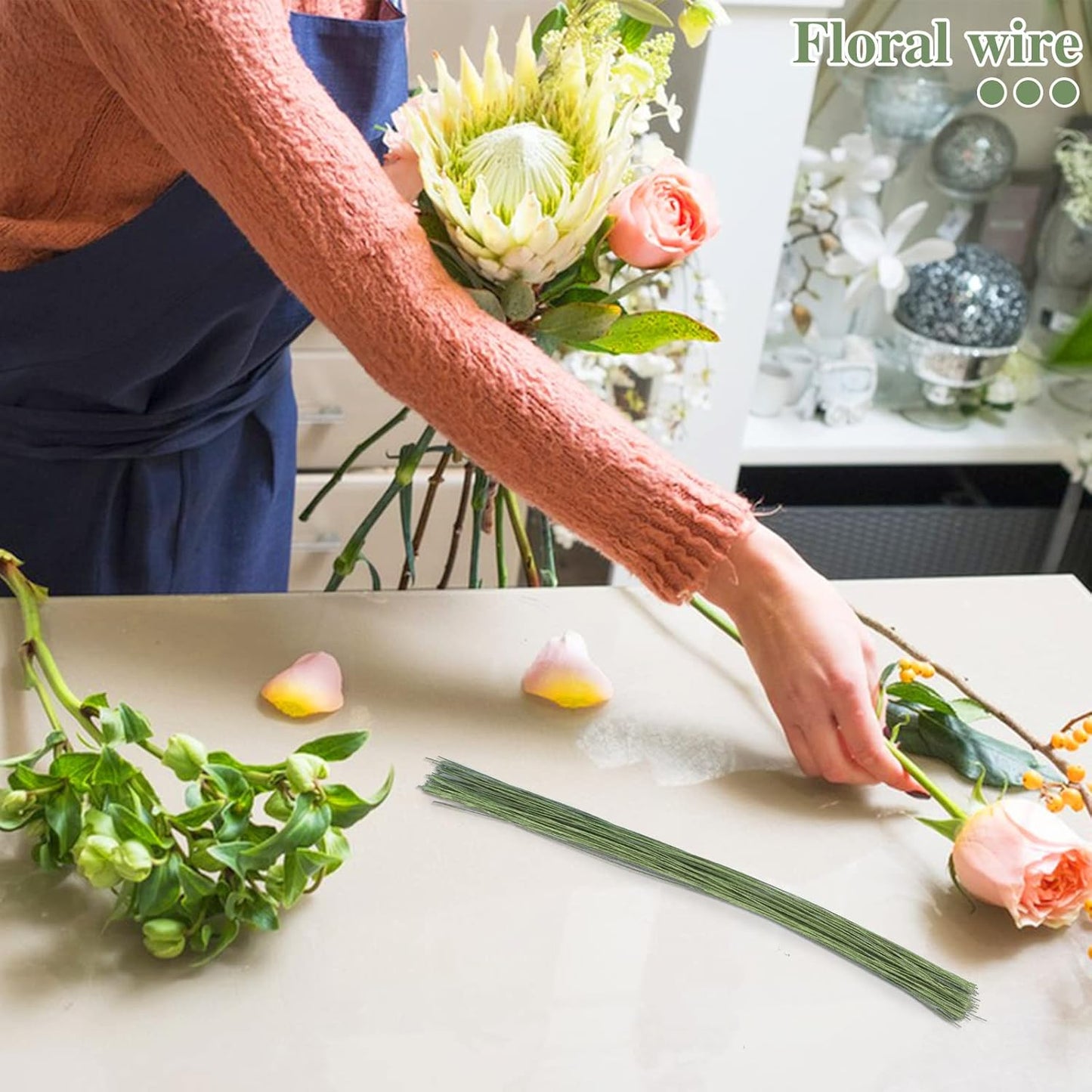 200 Pcs Floral Wire 26 Gauge Crafts Florist Green Floral Wire for Crafts Bouquet Stem Wreath Making Flower Arrangement Supplies (Green,14 Inch)