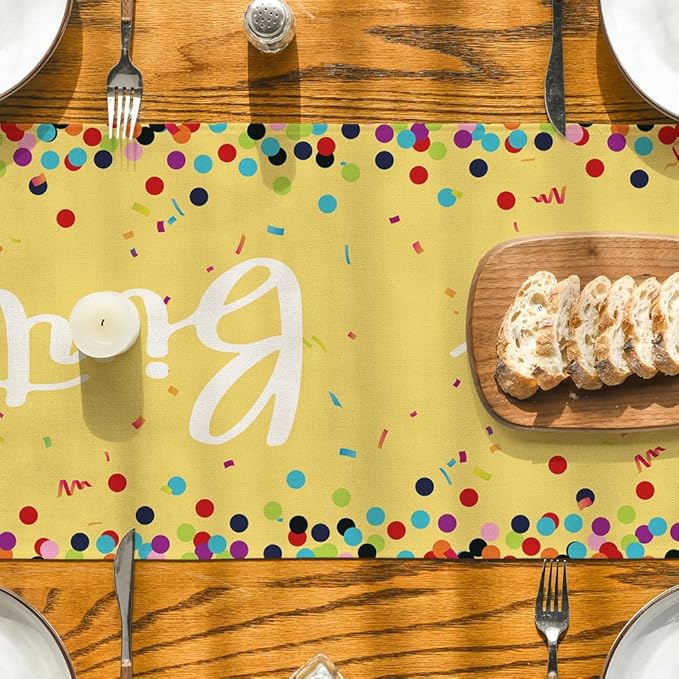 Artoid Mode Polka Dot Yellow Happy Birthday Table Runner, Seasonal Summer Kitchen Dining Table Decoration for Home Party Decor 13x72 Inch