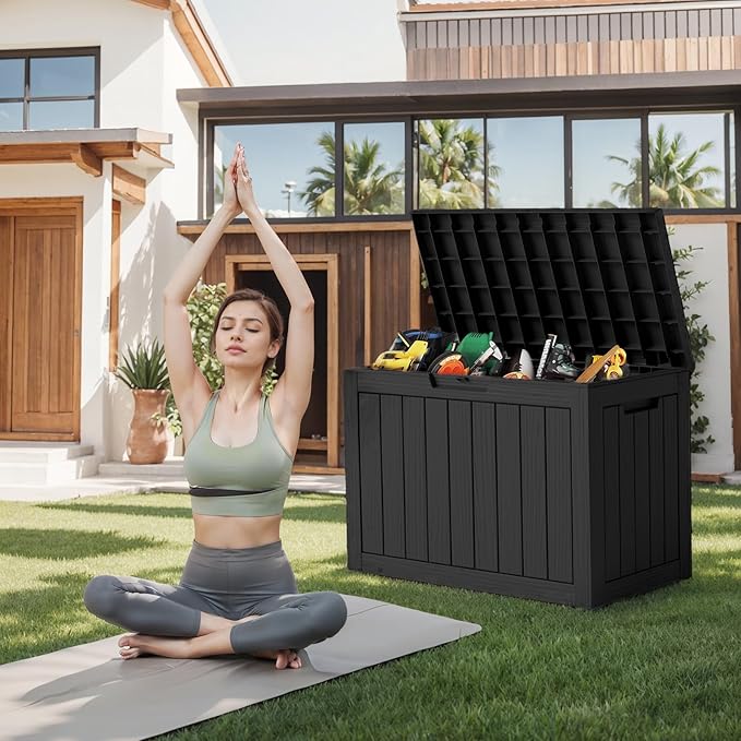 DRATO 45 Gallon Deck Box, Outdoor Storage Box for Patio Furniture, Patio Cushions, Gardening Tools, Pool Supplies 480lbs Weight Capacity,Waterproof Resin Storage Boxes๏ผBlack๏ผ45 Gallon๏ผ