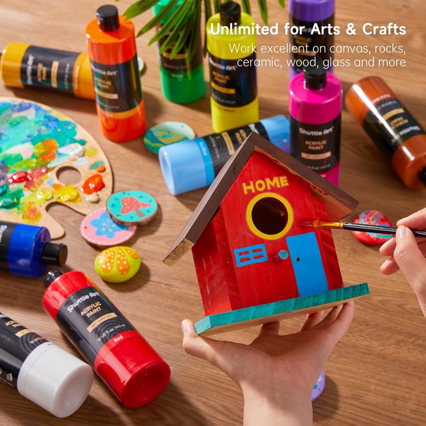 Shuttle Art Acrylic Paint, 15 Pack Acrylic Paint Large Bottle Set, 473ml/16oz Each, 14 Unique Colors and 1 More White, High Viscosity Art Paint for Artists, Beginner & Kids on Rocks Canvas WoodCeramic