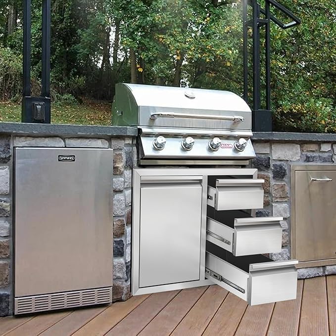 Outdoor Kitchen Drawer Combo, Stainless Steel Triple Drawer Cabinet with Built-in Trash Drawer & Two Trash Cans, 28" W x 22" H x 19.5" D Outdoor Kitchen Storage for BBQ Grill Islands