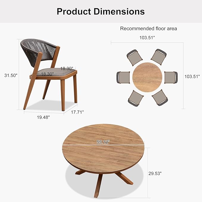 PURPLE LEAF 7 Pieces Round Outdoor Dining Set Patio Furniture Set Aluminum Rattan Wicker Outdoor Dining Table and Chairs for Lawn Garden Backyard Brown