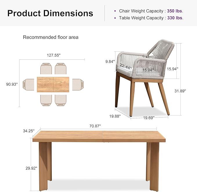 PURPLE LEAF 7 Pieces Patio Dining Set Aluminum Modern Rectangular Table and Rattan Arm Chairs with Cushions for Kitchen Porch Garden Outdoor Furniture Sets, Teak