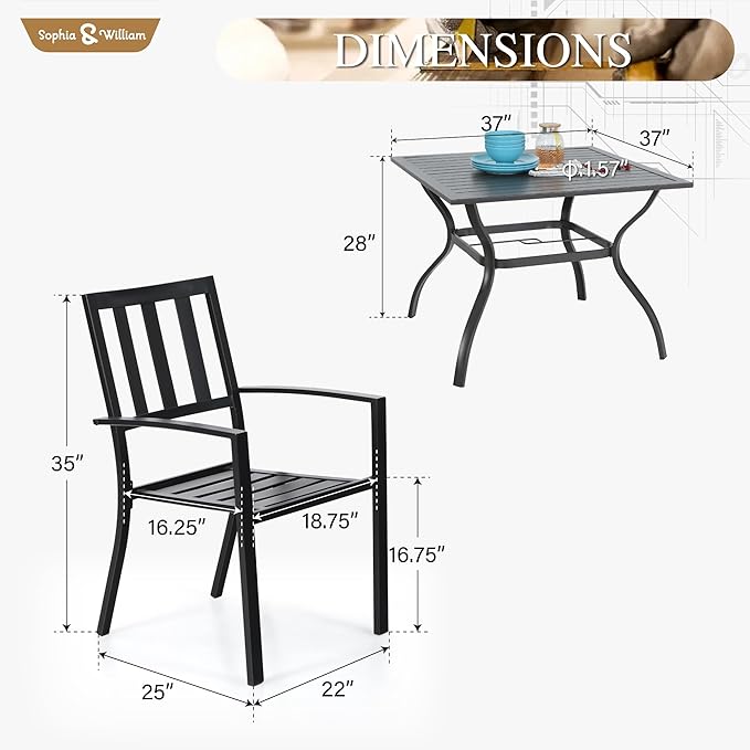 Sophia & William Patio Table and Chairs Set, Outdoor Dining Set for 4, 5 Piece Metal Patio Furniture, 37" Black Square Table(Stripe)
